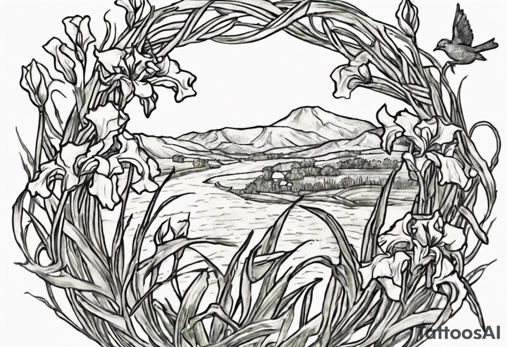 Create a small Vincent van Gogh Irises tattoo, with vines gracefully intertwining at a central point in the middle of the wreath. Include birds in some fashion. The intended placement is on the upper chest. The overall design should be small in size while maintaining a delicate and artistic aesthetic. Pay attention to the graceful flow of the vines and the placement of the irises to achieve a refined and elegant look. tattoo idea
