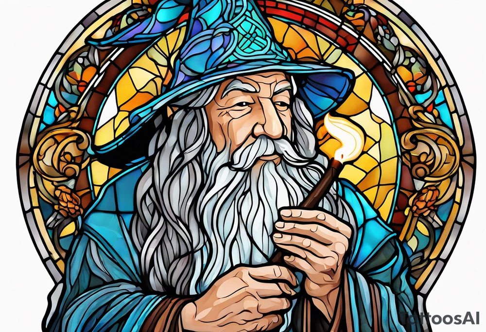 Gandalf smoking pipe tobacco
 in stained glass tattoo idea