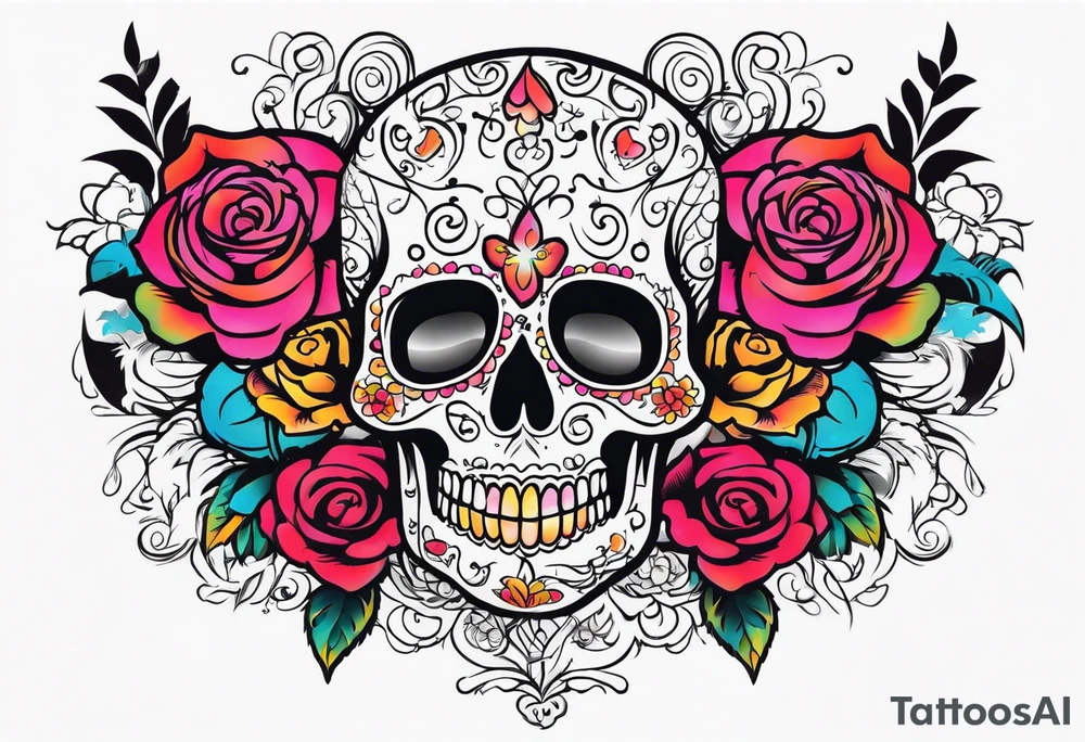 chest tattoo, from shoulder to shoulder, contains skulls, roses and muertos style girls. tattoo should be stretched horizontally tattoo idea