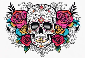 chest tattoo, from shoulder to shoulder, contains skulls, roses and muertos style girls. tattoo should be stretched horizontally tattoo idea