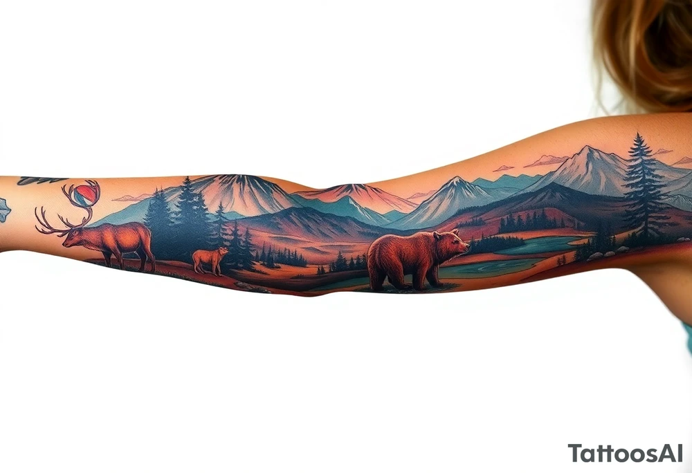 A full-sleeve with the Härjedalen landscape, reindeer, bear, lakes, mountains (Helags), tattoo idea