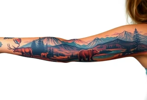 A full-sleeve with the Härjedalen landscape, reindeer, bear, lakes, mountains (Helags), tattoo idea