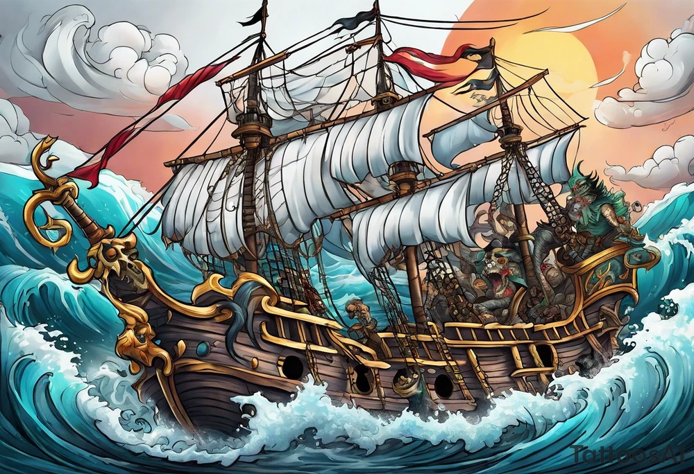 skeleton pirates fighting a sea serpent tattoo idea