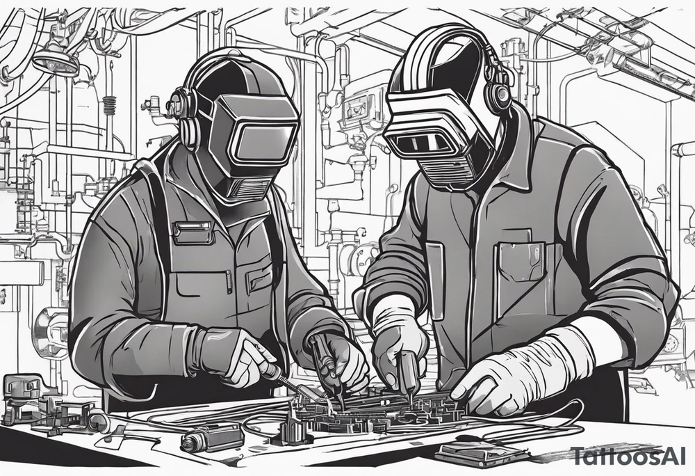 Two 60-year-old characters working together on creating a mechanism made of iron and electronic circuits. The first character is a welder, dressed in a welding suit and mask. The second character is a fitter, wearing a shirt with sleeves rolled up to the forearms and a tool belt. The mechanism they are working on should be in the center of the drawing, with the characters positioned on either side of the mechanism. The sketch should convey a sense of teamwork and craftsmanship tattoo idea