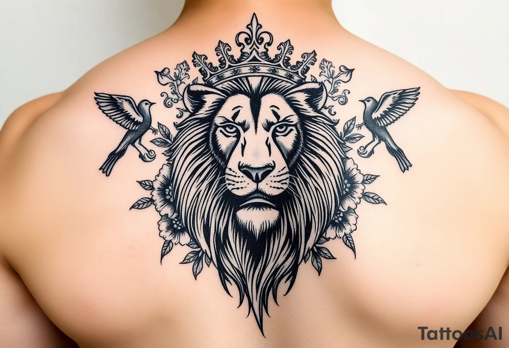 powerful majestic lion with a crown, surrounded by floral ornaments and birds tattoo idea
