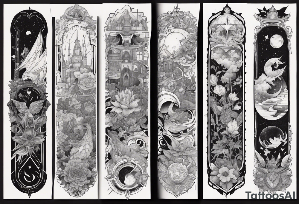 High fantasy collage tattoo sleeve tattoo idea