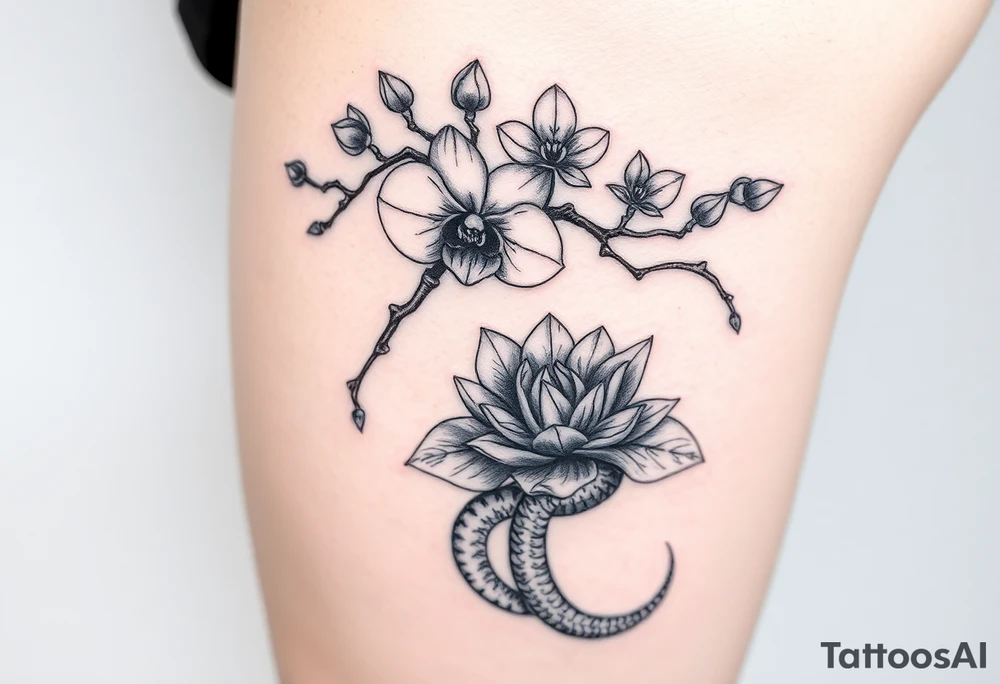 Orchid or cherry blossom tree and lotus and snake on a woman tattoo idea