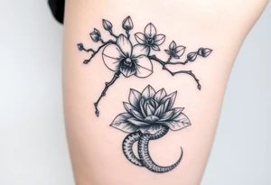 Orchid or cherry blossom tree and lotus and snake on a woman tattoo idea