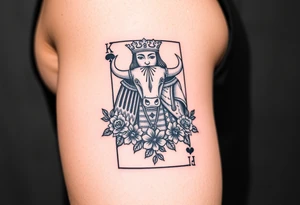 A king playing card with a highland cow, a small four leaf clover surround by roses and a small spanner on the card tattoo idea
