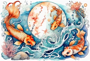 Water scene, featuring koi karp, jellyfish, seahorses and the moon. With nods to Pisces. tattoo idea