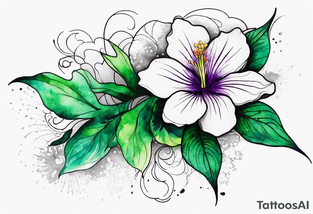 A mystical outline of a rio dipladenia flower and a green/purple watercolor splash in the background tattoo idea