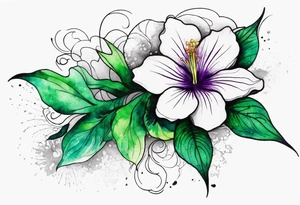 A mystical outline of a rio dipladenia flower and a green/purple watercolor splash in the background tattoo idea