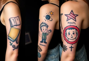 Childhood memories of a book, a bucket and spade, a football, a cricket bat, a cartoon of Dennis the Menace from the Beano comic, and the American Idiot symbol tattoo idea