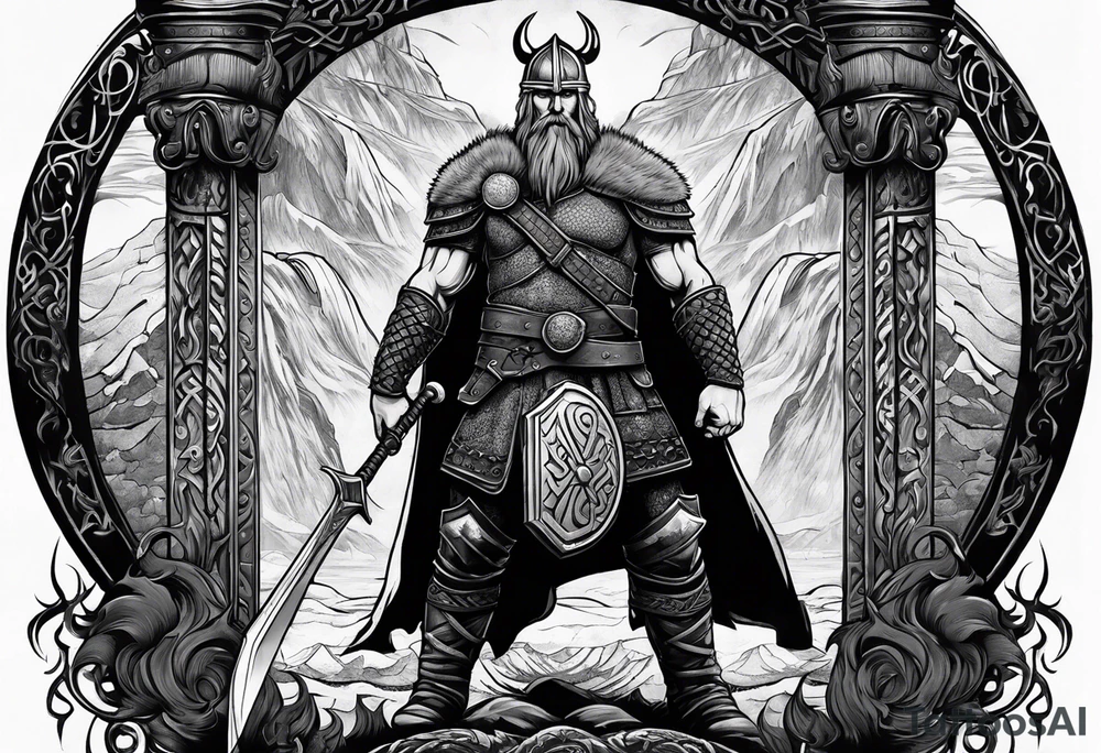 A Viking standing in front of the gate to the valhalla. tattoo idea