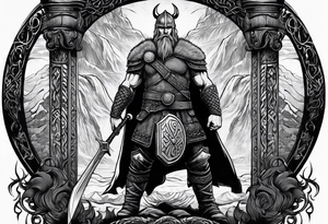 A Viking standing in front of the gate to the valhalla. tattoo idea