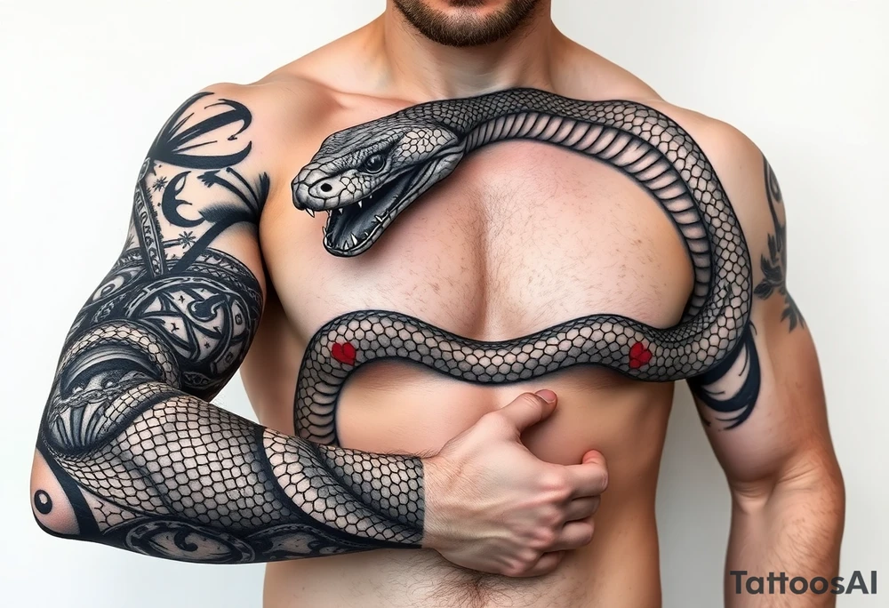 Powerful scary snake wrapped around my whole arm, on the snake” god forgives all sins” tattoo idea