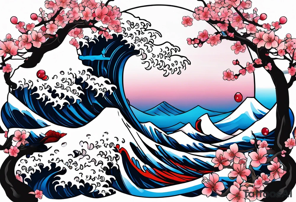Tori rounded by cherry blossom and death flower and Japanese wave tattoo idea