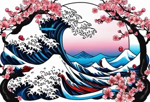 Tori rounded by cherry blossom and death flower and Japanese wave tattoo idea