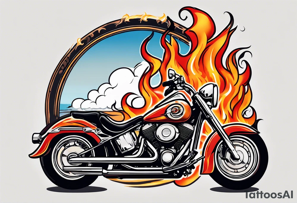 An eye ball riding a motorcycle with flames coming out the back tattoo idea