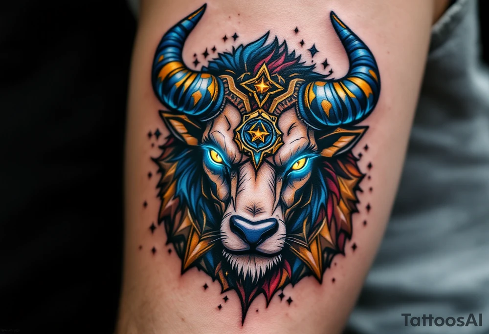 Like a cosmic guardian, Taurus watches with ochre eyes and glowing indigo horns. tattoo idea