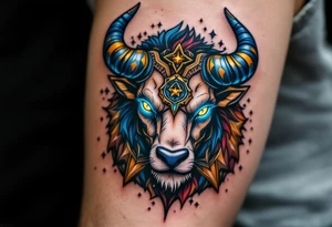 Like a cosmic guardian, Taurus watches with ochre eyes and glowing indigo horns. tattoo idea