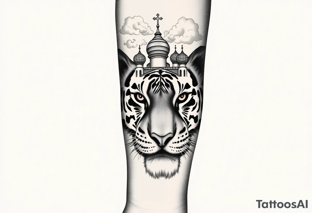 Realistic tiger face on the back of the hand with strong contrast and fine detail with hollow black eyes. with a highly detailed Russian Orthodox cathedral sitting above on fore arm with onion domes and orthodox crosses, done in fine line, engraving-like style. Cohesive composition, black ink only, no color, high contrast, slightly aged, documentary-style, plain light background. with clouds above and a virgin mary 
spanning from my hand to lower fore arm tattoo idea