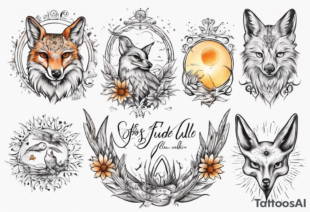 Fuchs und Eule unter der Sonne mit dem Schriftzug Sapere Aude tattoo idea