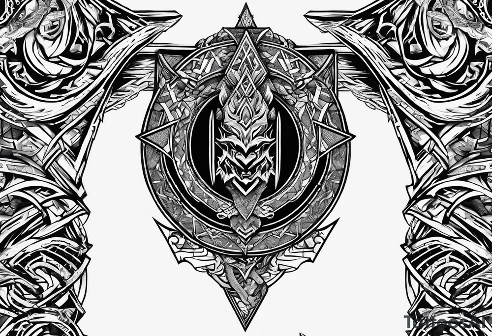Valhalla sword shield dragon axe Valknut barbed wire chains tribal tattoo idea
