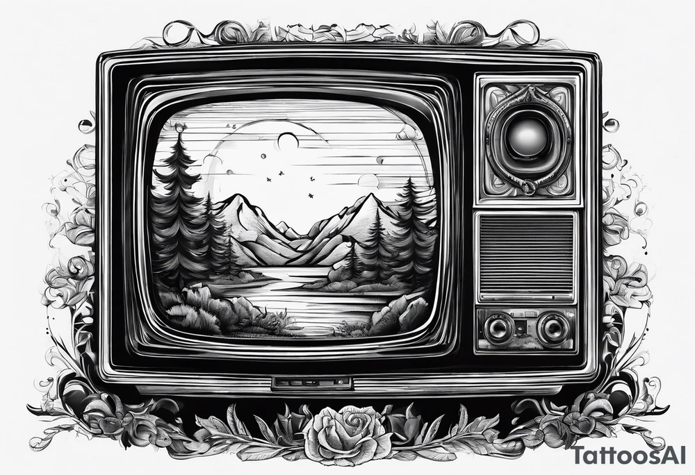 retro tv with broken screen that shows another world tattoo idea