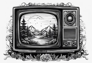 retro tv with broken screen that shows another world tattoo idea