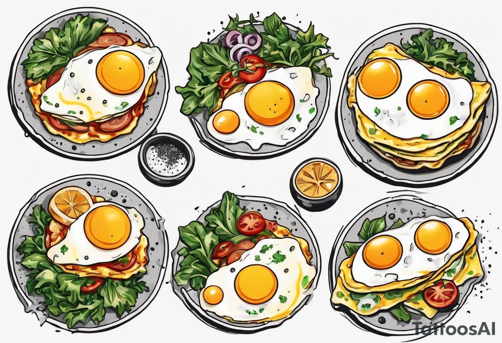 A round omlette, thin 5 fried eggs with salt pepper and a bit greens and shredded cheese on the top tattoo idea