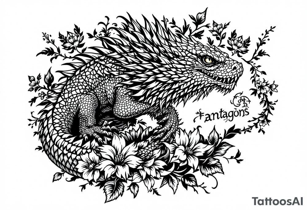 powerful majestic reptile, surrounded by floral ornaments tattoo idea