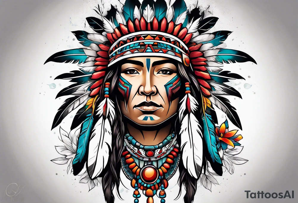 Native American with flowers tattoo idea