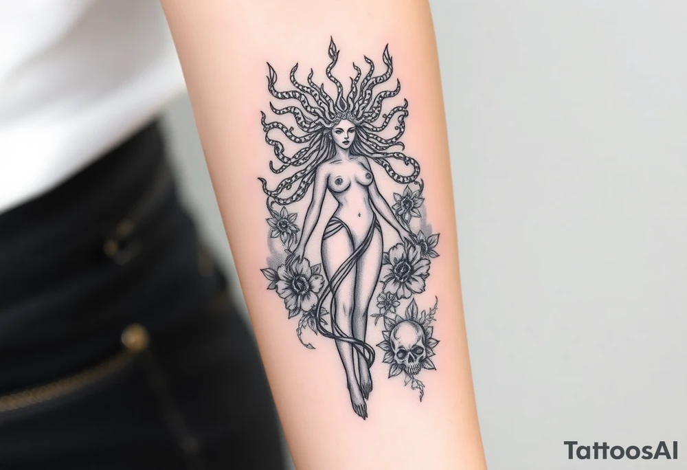 Ethereal Medusa standing. She is beautiful and feminine. She is a phoenix rising from fire and ash. Surrounded by flowers and skulls tattoo idea