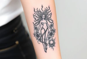 Ethereal Medusa standing. She is beautiful and feminine. She is a phoenix rising from fire and ash. Surrounded by flowers and skulls tattoo idea