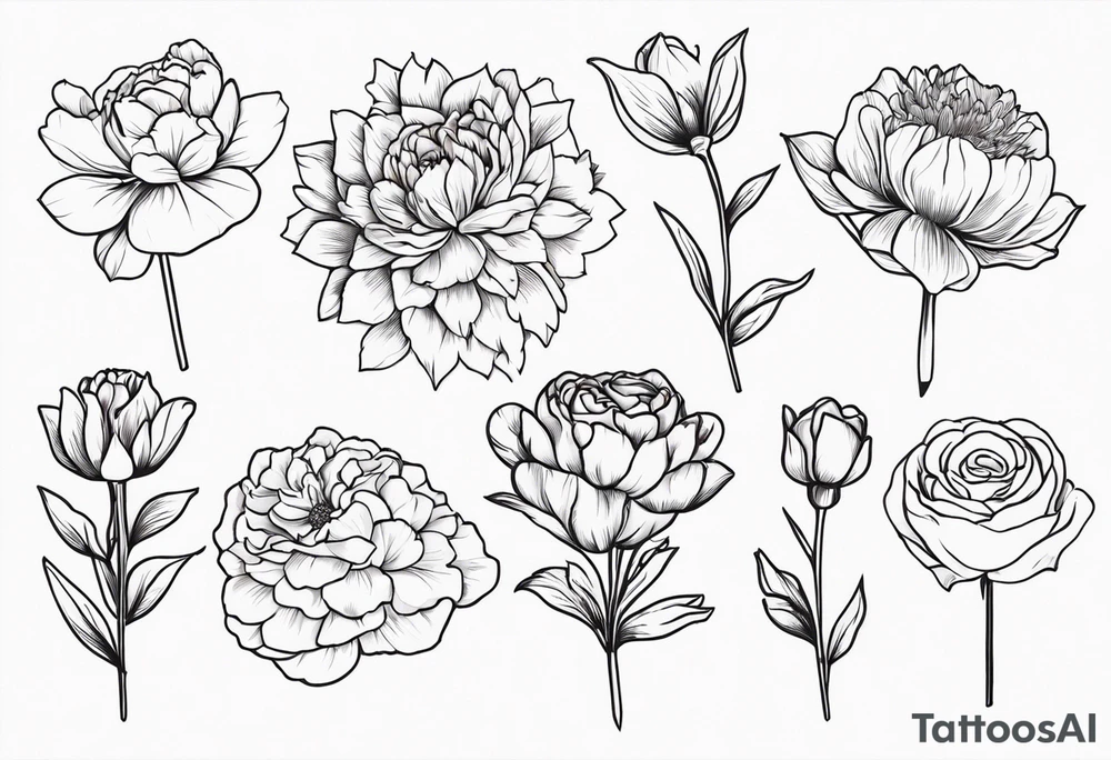 8 flowers bouquet with color:  carnation daffodil rose peony daphnee dahlia desiree daisy tattoo idea