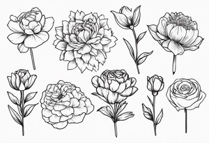 8 flowers bouquet with color:  carnation daffodil rose peony daphnee dahlia desiree daisy tattoo idea