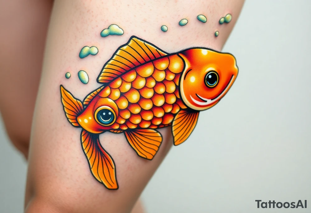 A highly detailed golden carp with shimmering scales, swimming through crystal-clear water with light reflections tattoo idea