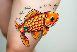 A highly detailed golden carp with shimmering scales, swimming through crystal-clear water with light reflections tattoo idea