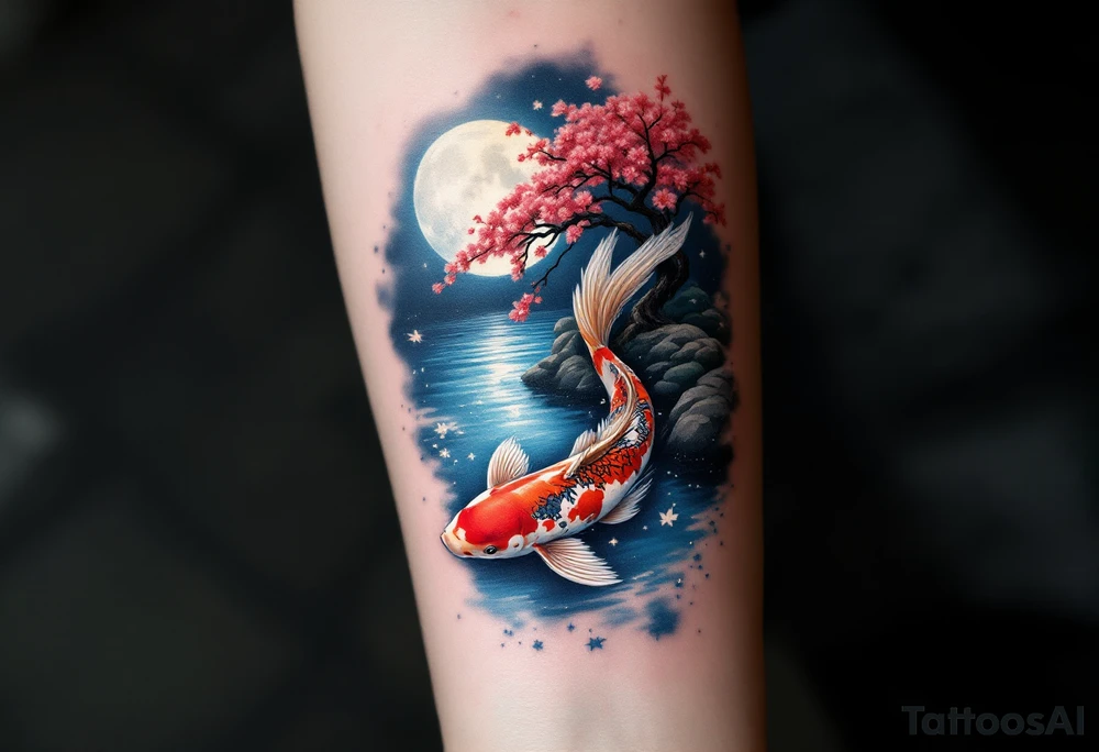 a koi fish swimming upstream in a pond moonlight by the full moon with a sakura tree by the pond surrounded by lighting tattoo idea