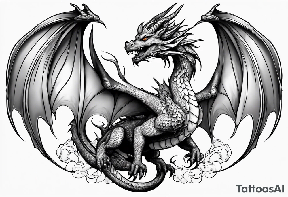 Beautiful female dragon with wings spread mushrooms in wings tattoo idea