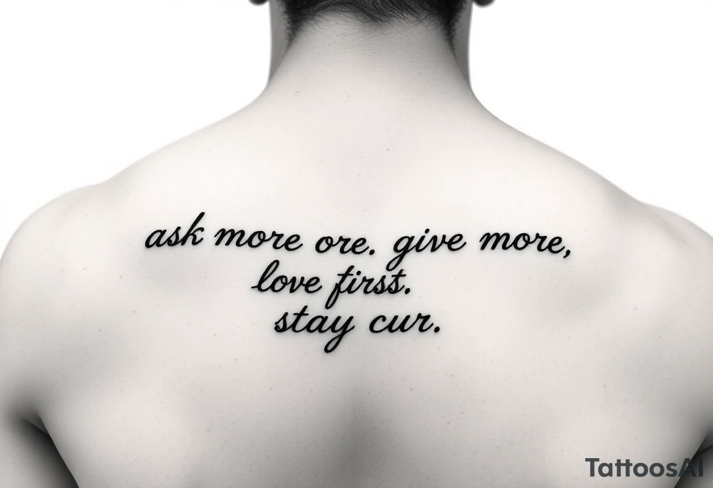 a tattoo on a man's front left clavicle that reads ask more. listen more. give more. love first. stay curious. tattoo idea