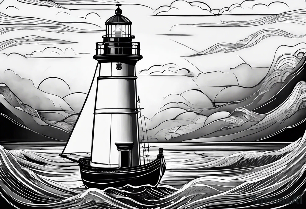 maritime lighthouse in a front view sailboat serving as a mast for a sail. tattoo idea