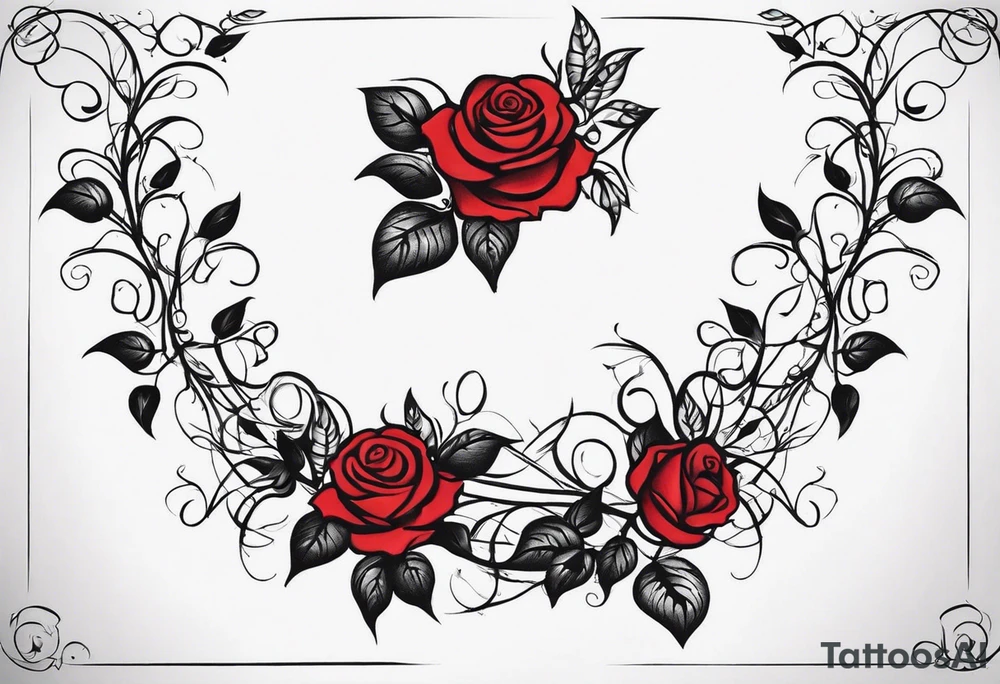 draw image of sleeve tattoo that has 65 small roses on a vine, they can be different sizes. It is long and narrow in design so it fits on an arm. The vine has some leaves and thorns but not too many. The roses will be a mix of small and medium size with some front on and others side on. the tattoo is for a male tattoo idea