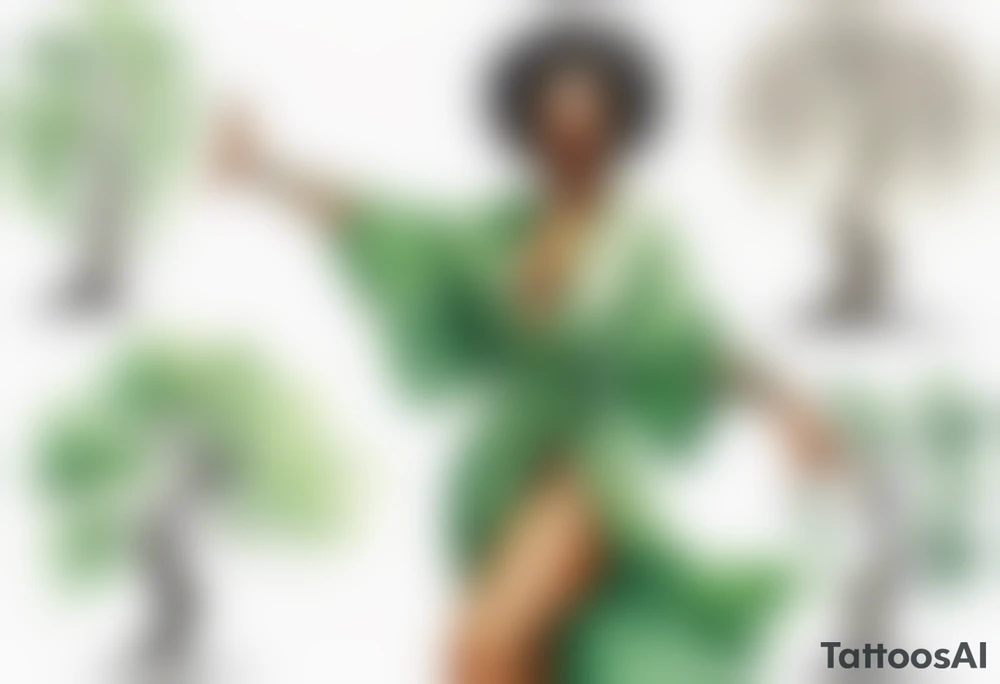 a beautiful black woman wearing a green robe with legs that turn into tree roots, arms reaching up towards the sun tattoo idea