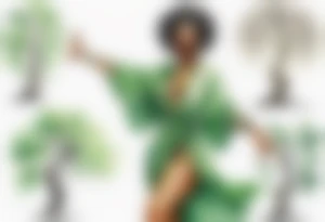 a beautiful black woman wearing a green robe with legs that turn into tree roots, arms reaching up towards the sun tattoo idea