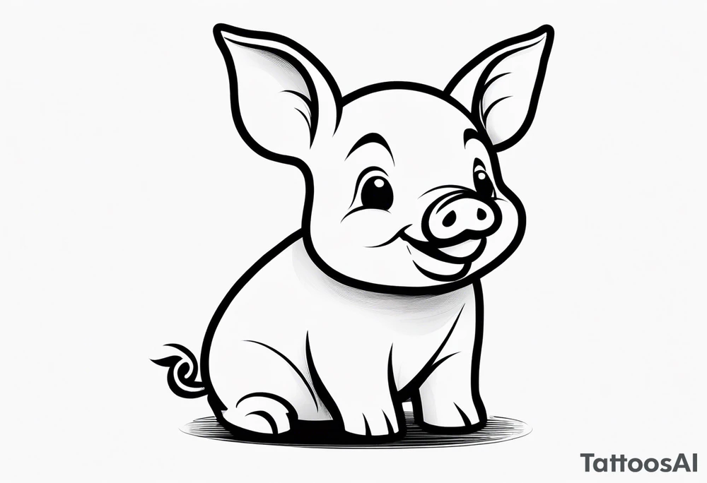 very cute chubby happy piglet.
outline only.
black and white only.
only show the piglet. no extra lines or decoration.
no black shading.
dont make the ears too big.
draw very thin lines tattoo idea