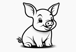 very cute chubby happy piglet.
outline only.
black and white only.
only show the piglet. no extra lines or decoration.
no black shading.
dont make the ears too big.
draw very thin lines tattoo idea