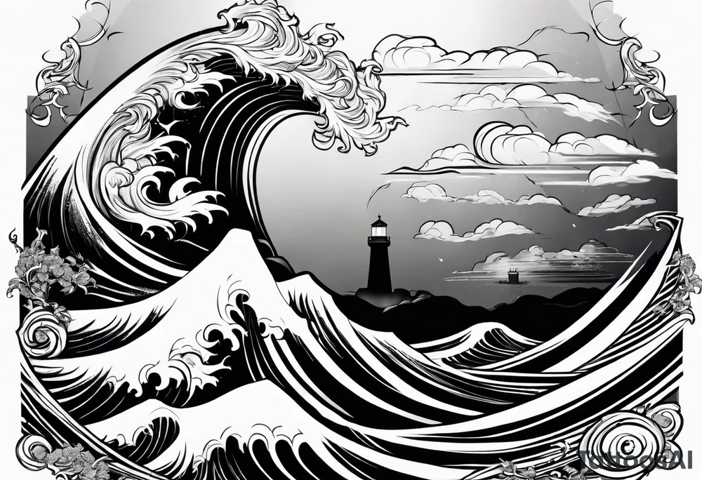 zeus lightning bolt crossed with poseidon trident with stormy waves in the background tattoo idea