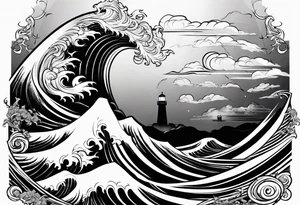 zeus lightning bolt crossed with poseidon trident with stormy waves in the background tattoo idea
